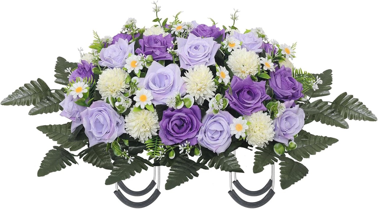 Artificial Cemetery Flowers Headstone Flower Saddle - Realistic Purple Roses & Chrysanthemum Memorial Arrangement - UV Resistant Weatherproof Grave Decorations for Outdoor Tombstone